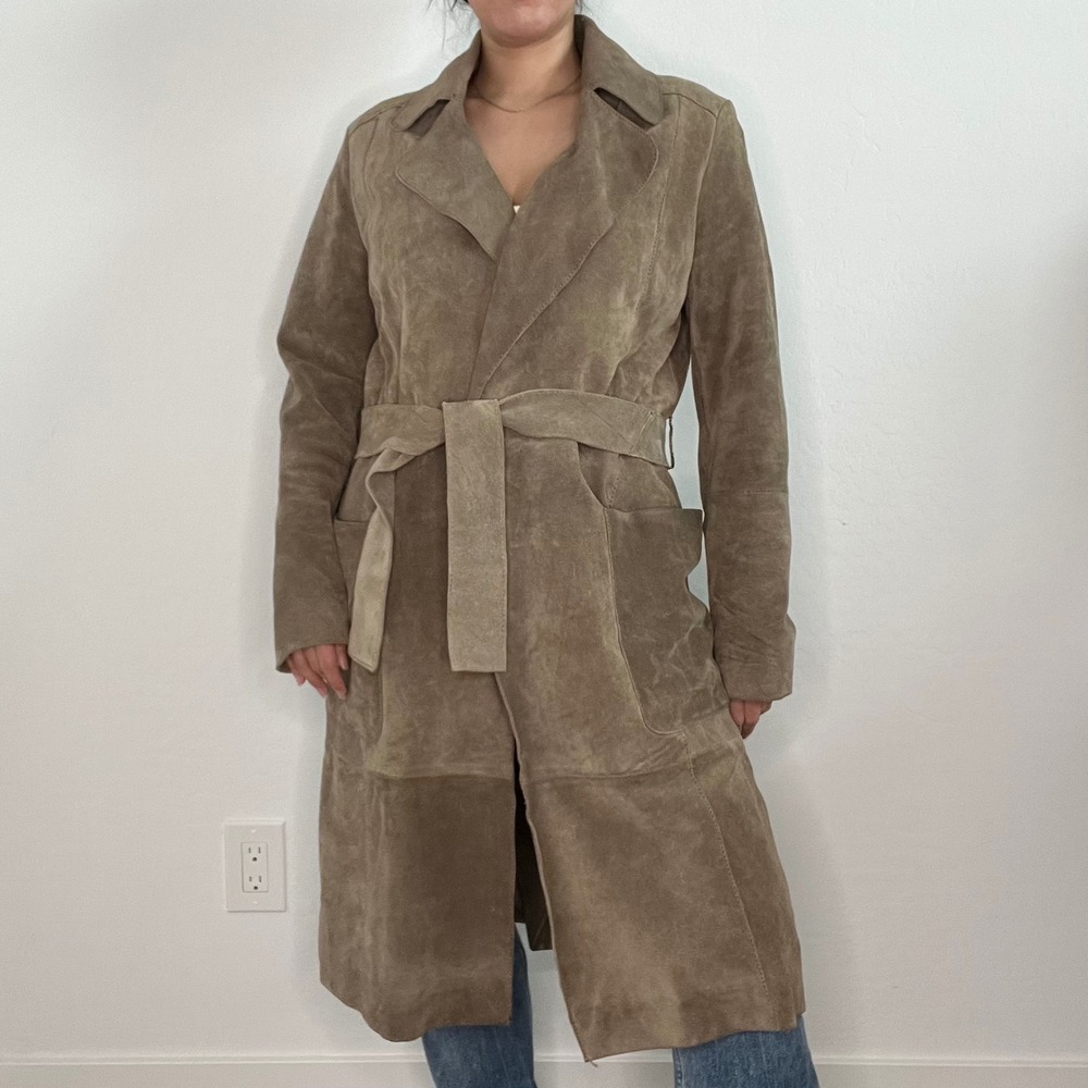 MNG Mango Genuine Leather‎ Suede Trench Coat Belted Taupe Double Breasted